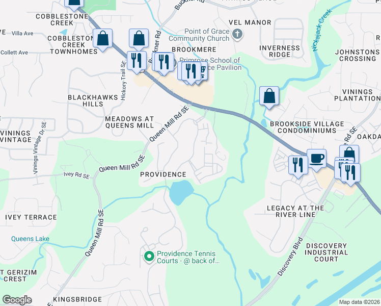 map of restaurants, bars, coffee shops, grocery stores, and more near 6242 Providence Club Drive in Mableton
