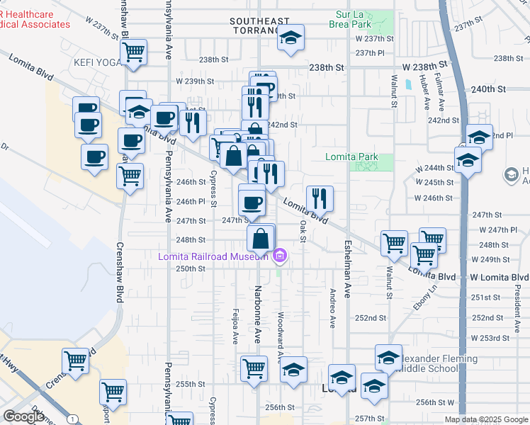 map of restaurants, bars, coffee shops, grocery stores, and more near 24644 Narbonne Avenue in Lomita