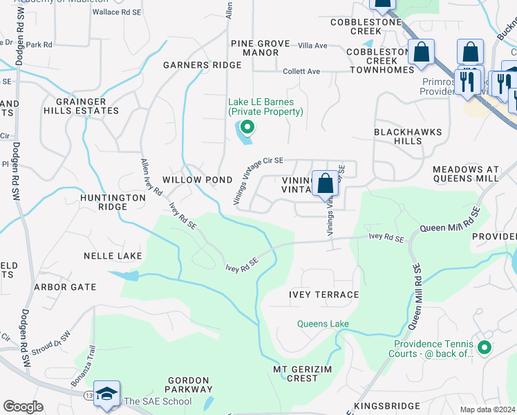 map of restaurants, bars, coffee shops, grocery stores, and more near 344 Vinings Vintage Circle in Mableton