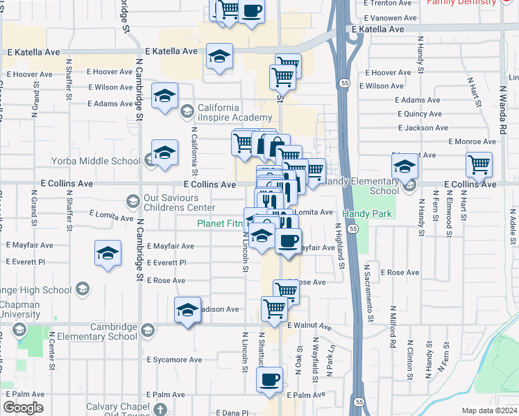map of restaurants, bars, coffee shops, grocery stores, and more near 830 North Shattuck Place in Orange