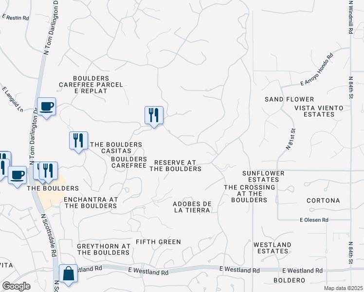 map of restaurants, bars, coffee shops, grocery stores, and more near 7725 East Old Paint Trail in Scottsdale