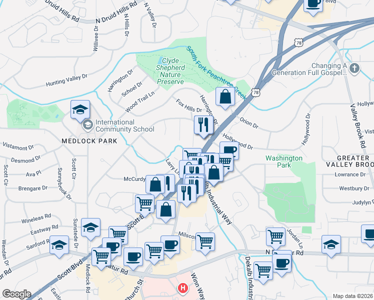 map of restaurants, bars, coffee shops, grocery stores, and more near 806 Whelchel Drive in Decatur