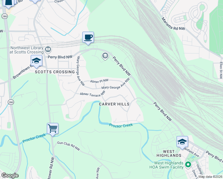 map of restaurants, bars, coffee shops, grocery stores, and more near 1558 Mary George Avenue Northwest in Atlanta
