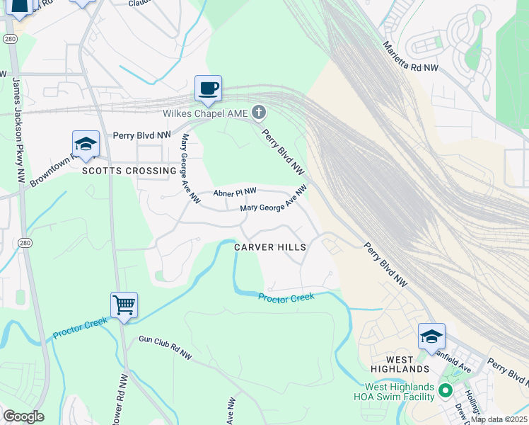 map of restaurants, bars, coffee shops, grocery stores, and more near 1580 Mary George Avenue Northwest in Atlanta