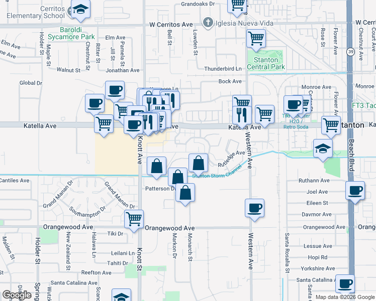 map of restaurants, bars, coffee shops, grocery stores, and more near 11106 Emerson Way in Stanton