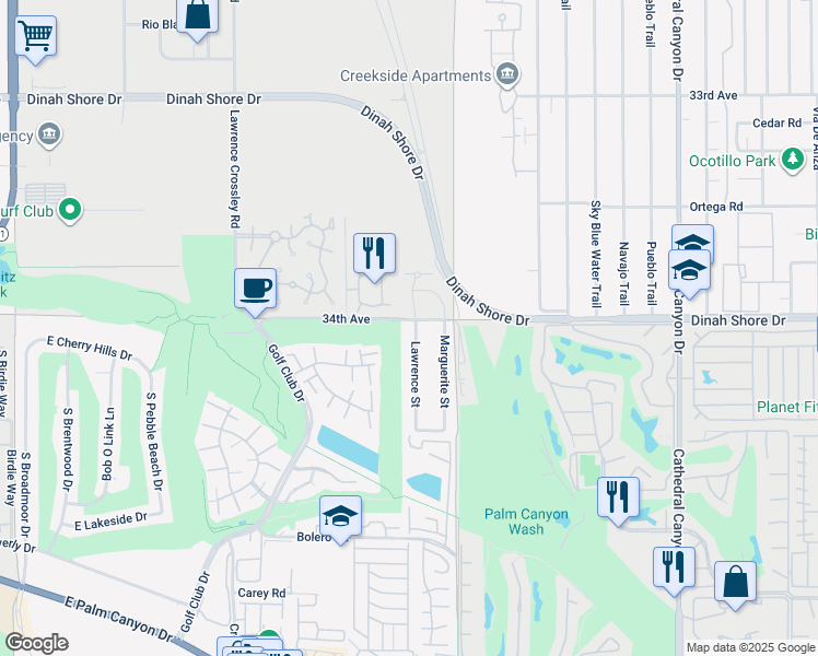 map of restaurants, bars, coffee shops, grocery stores, and more near 1811 Lawrence Street in Palm Springs