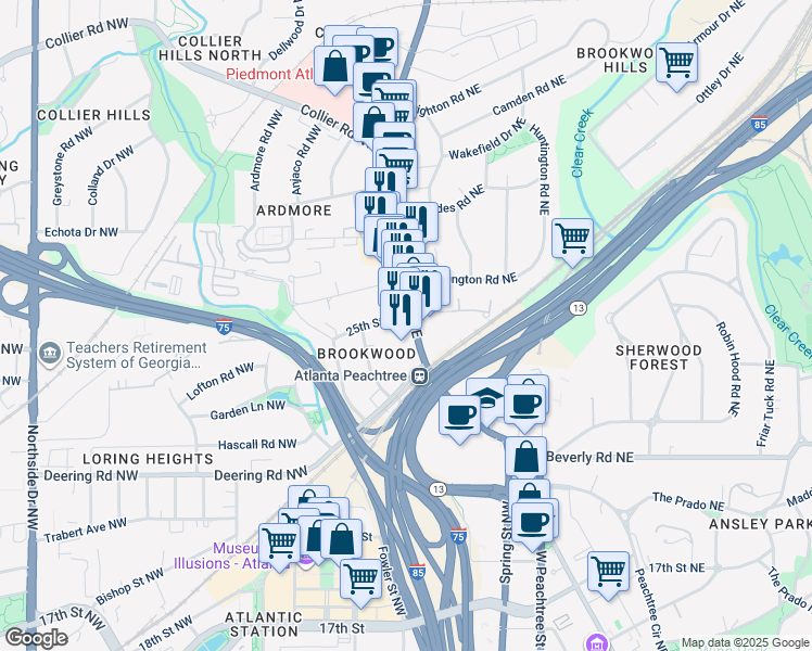 map of restaurants, bars, coffee shops, grocery stores, and more near 1718 Peachtree Street Northwest in Atlanta