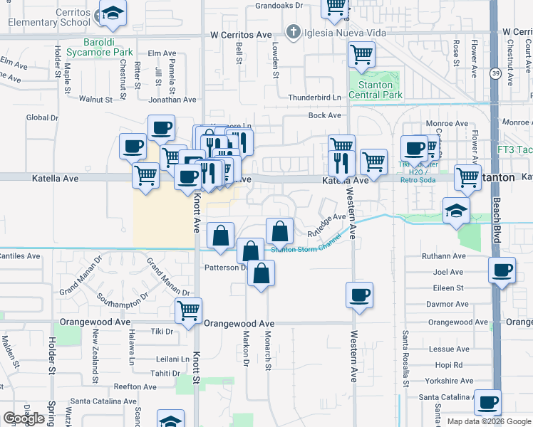 map of restaurants, bars, coffee shops, grocery stores, and more near 11106 Emerson Way in Stanton