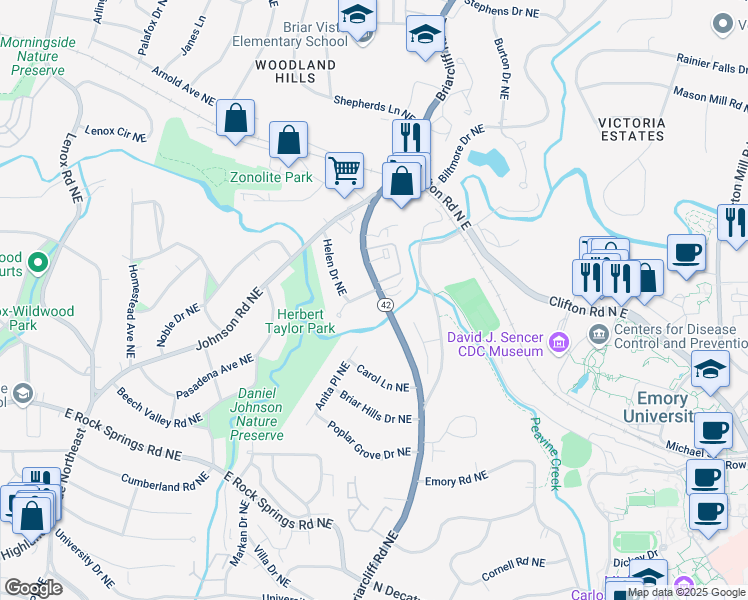 map of restaurants, bars, coffee shops, grocery stores, and more near 1519 Kay Lane Northeast in Atlanta