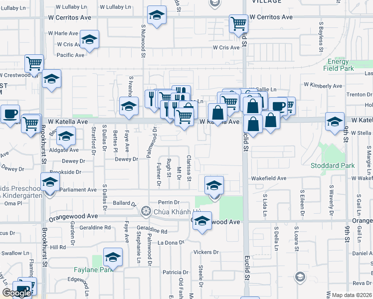map of restaurants, bars, coffee shops, grocery stores, and more near 11131 Clarissa Street in Garden Grove