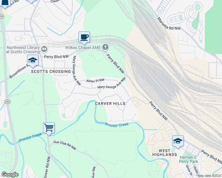 map of restaurants, bars, coffee shops, grocery stores, and more near 1558 Mary George Avenue Northwest in Atlanta