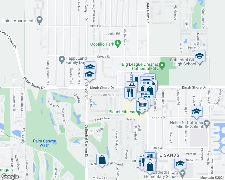 map of restaurants, bars, coffee shops, grocery stores, and more near 24 Coble Drive in Cathedral City