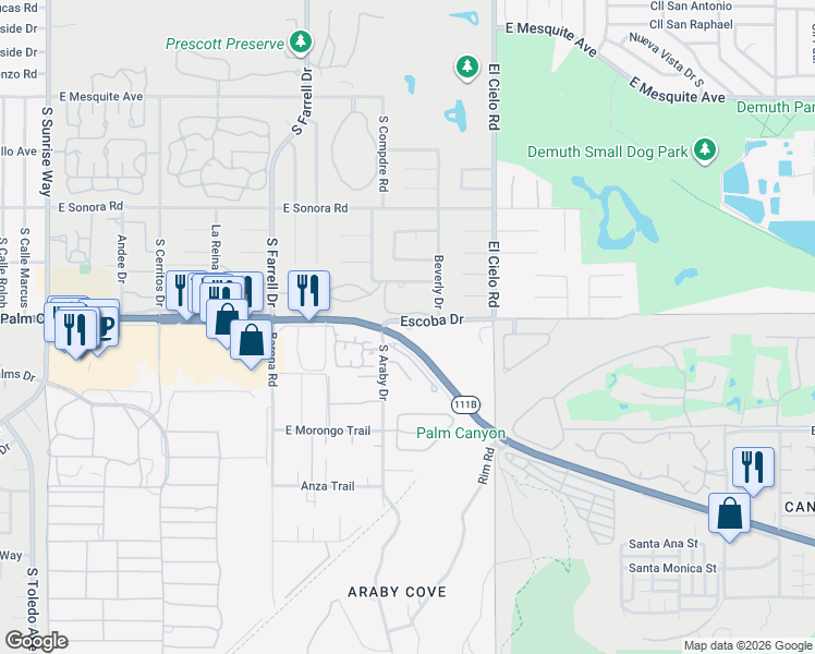 map of restaurants, bars, coffee shops, grocery stores, and more near in Palm Springs