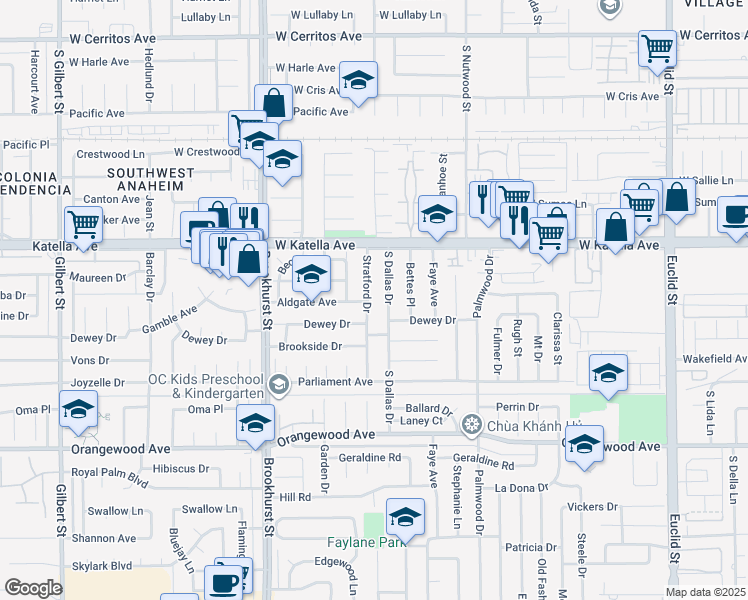 map of restaurants, bars, coffee shops, grocery stores, and more near 11142 Stratford Drive in Garden Grove