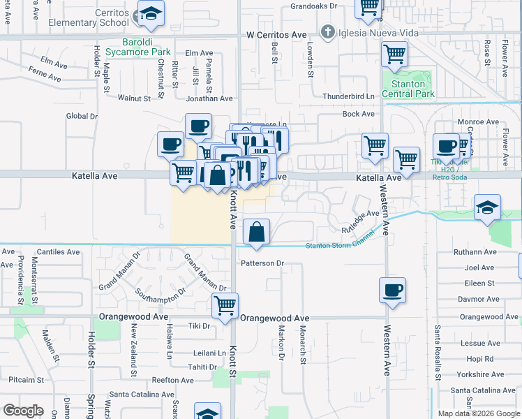 map of restaurants, bars, coffee shops, grocery stores, and more near 7080 Fulton Way in Stanton