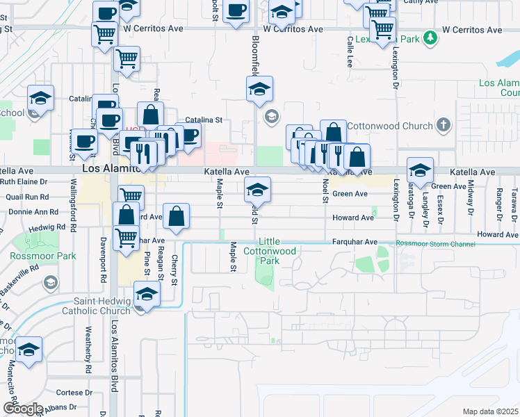 map of restaurants, bars, coffee shops, grocery stores, and more near 3963 Howard Avenue in Los Alamitos
