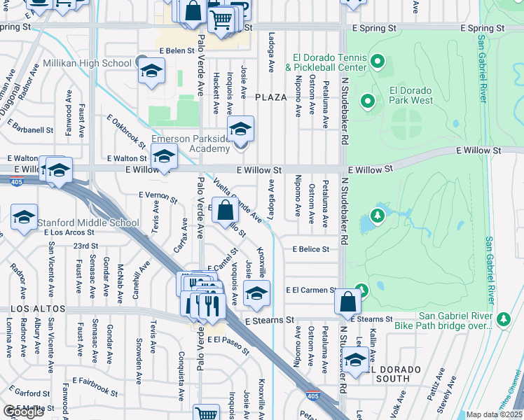 map of restaurants, bars, coffee shops, grocery stores, and more near 2459 Ladoga Avenue in Long Beach