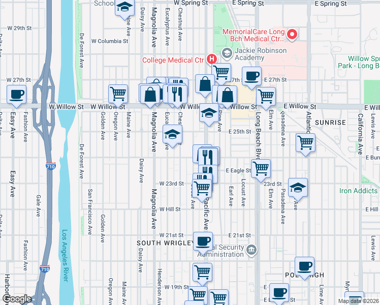 map of restaurants, bars, coffee shops, grocery stores, and more near 2409 Cedar Avenue in Long Beach