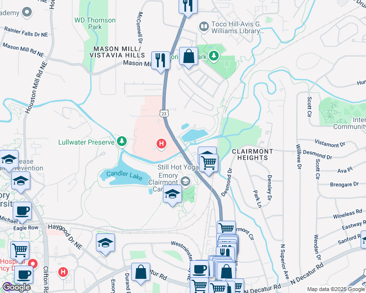 map of restaurants, bars, coffee shops, grocery stores, and more near 1623 Clairmont Road in Decatur