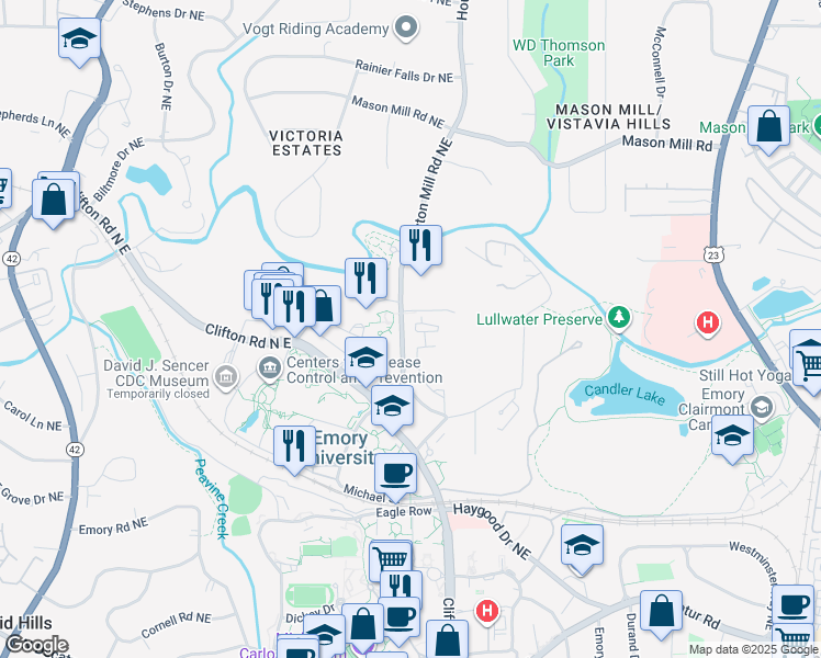 map of restaurants, bars, coffee shops, grocery stores, and more near 753 Houston Mill Road Northeast in Atlanta
