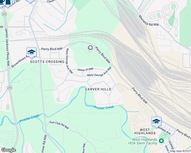map of restaurants, bars, coffee shops, grocery stores, and more near 1580 Mary George Avenue Northwest in Atlanta