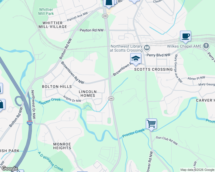 map of restaurants, bars, coffee shops, grocery stores, and more near 1673 Audrey Place Northwest in Atlanta
