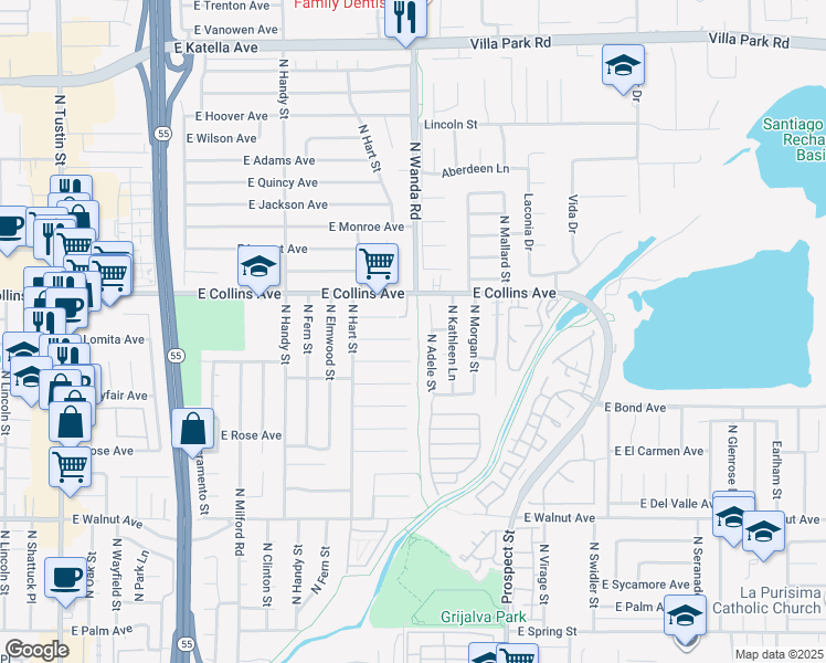 map of restaurants, bars, coffee shops, grocery stores, and more near 2925 East Lomita Avenue in Orange