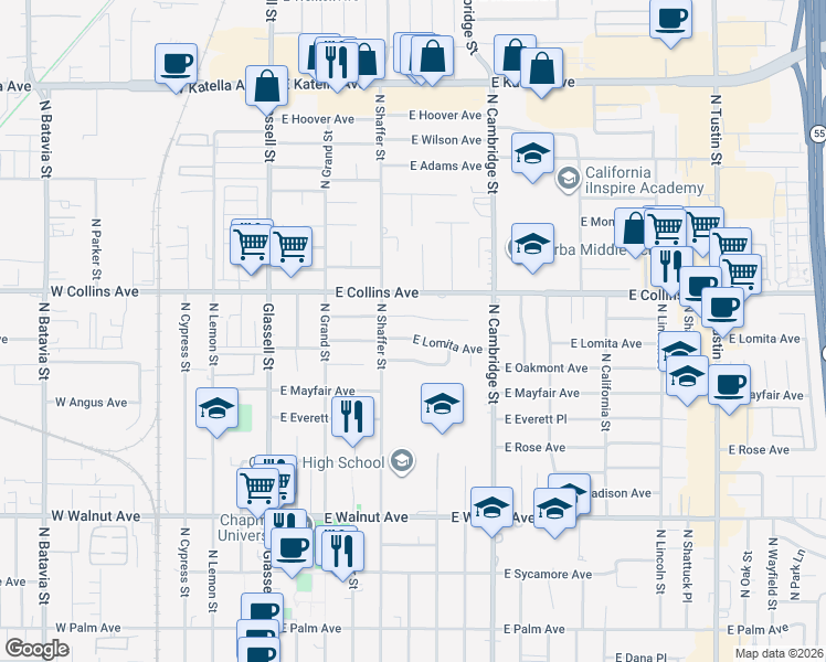 map of restaurants, bars, coffee shops, grocery stores, and more near 601 East Lomita Avenue in Orange