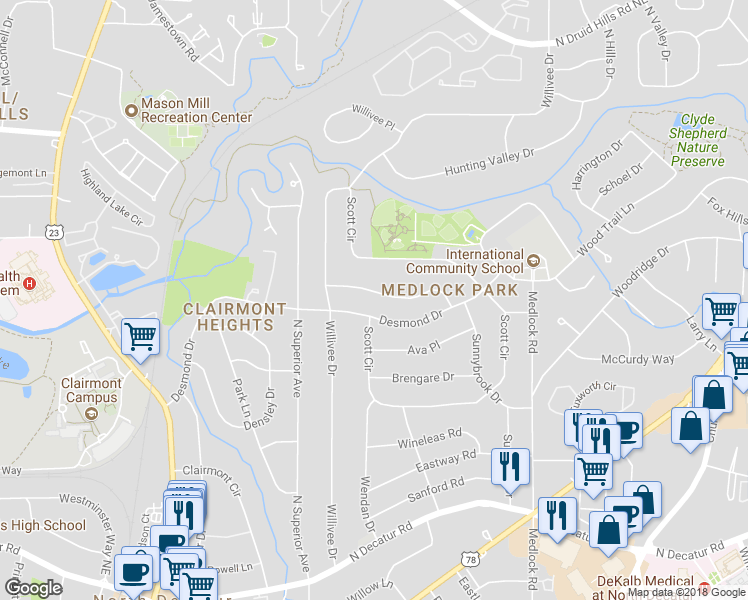 map of restaurants, bars, coffee shops, grocery stores, and more near 2257 Vistamont Drive in Decatur