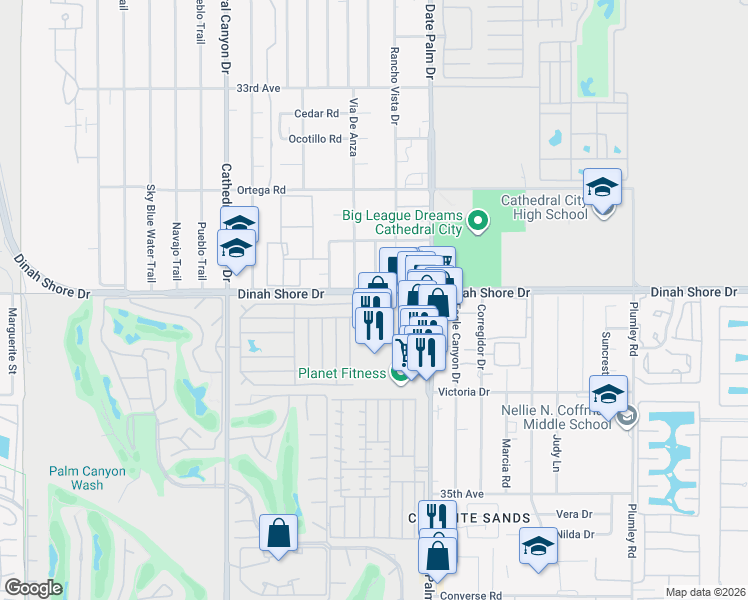 map of restaurants, bars, coffee shops, grocery stores, and more near 34-091 Date Palm Drive in Cathedral City
