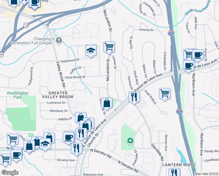 map of restaurants, bars, coffee shops, grocery stores, and more near 799 McLendon Drive in Scottdale