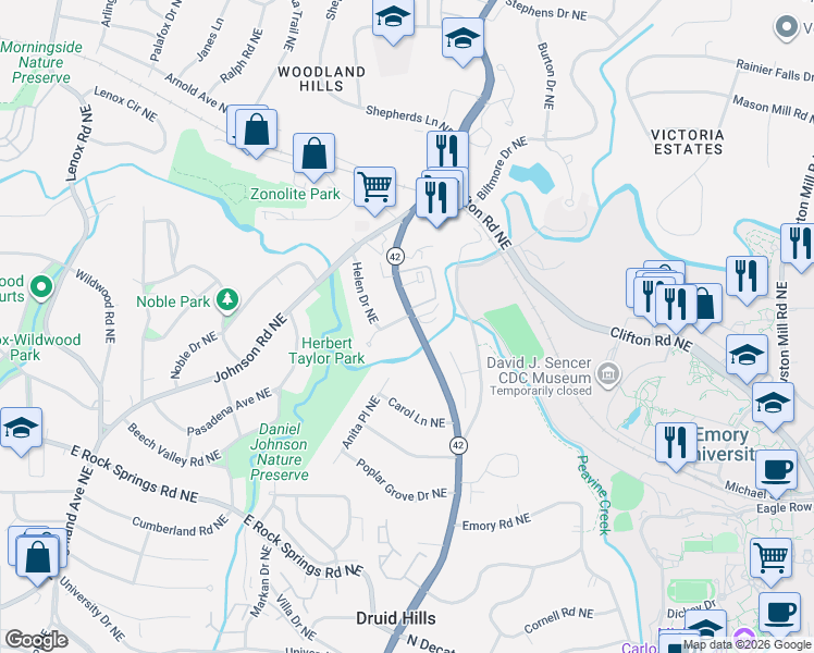 map of restaurants, bars, coffee shops, grocery stores, and more near 1519 Kay Lane Northeast in Atlanta