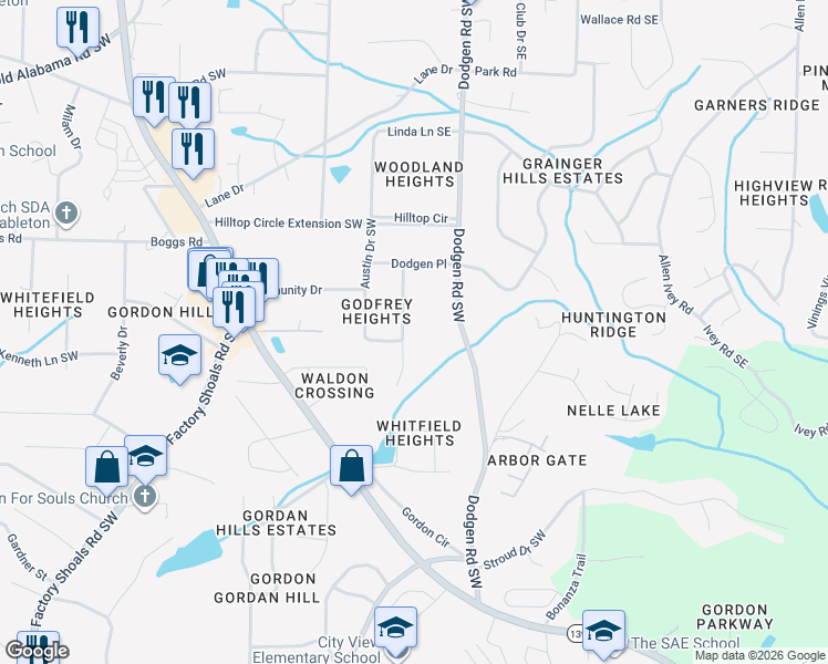 map of restaurants, bars, coffee shops, grocery stores, and more near 6279 Godfrey Drive Souhtwest in Mableton
