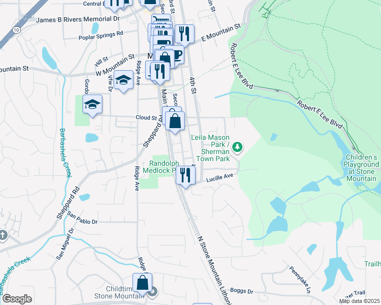map of restaurants, bars, coffee shops, grocery stores, and more near 798 3rd Street in Stone Mountain