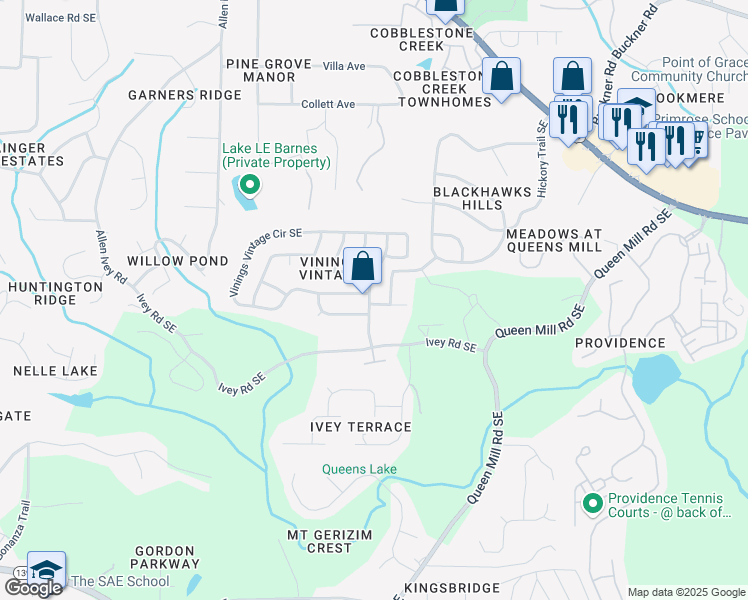 map of restaurants, bars, coffee shops, grocery stores, and more near 6281 Vinings Vintage Drive Southeast in Mableton