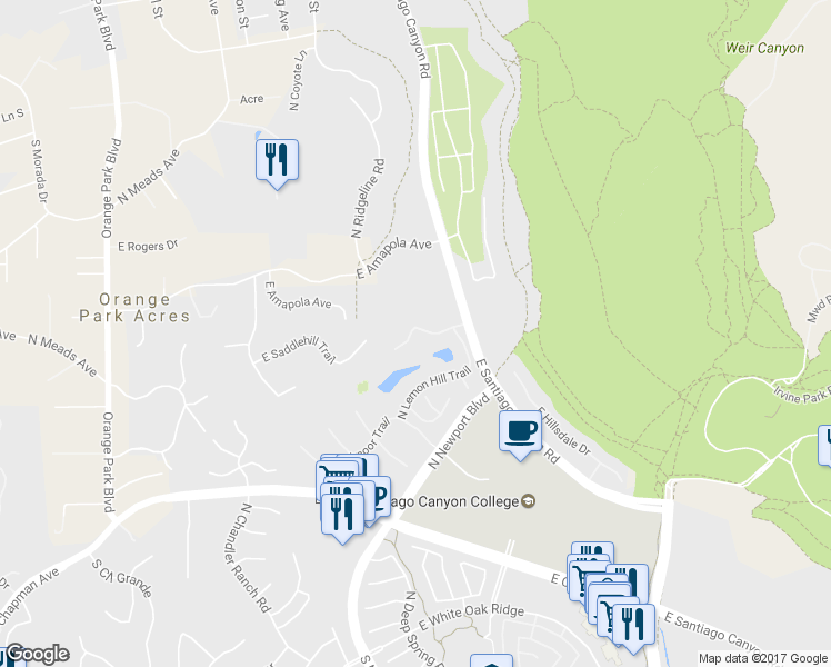 map of restaurants, bars, coffee shops, grocery stores, and more near 7828 East Lakeview Trail in Orange