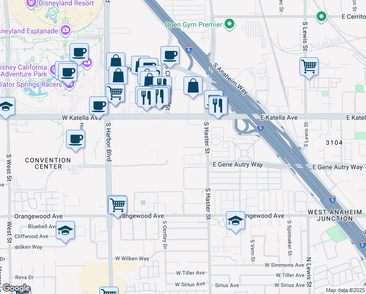 map of restaurants, bars, coffee shops, grocery stores, and more near 1861 South Haster Street in Anaheim