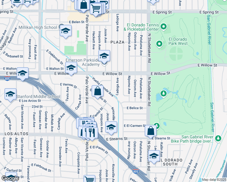 map of restaurants, bars, coffee shops, grocery stores, and more near 2459 Ladoga Avenue in Long Beach