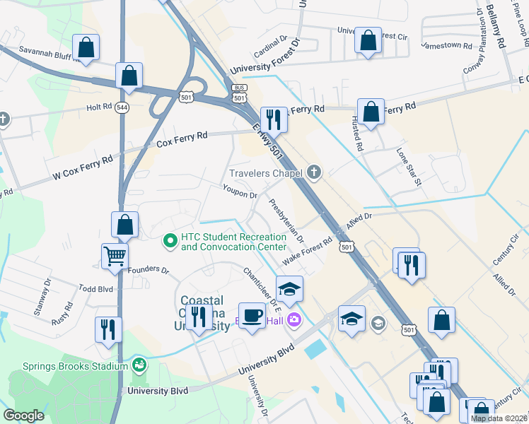 map of restaurants, bars, coffee shops, grocery stores, and more near 5003 Salem Street in Conway