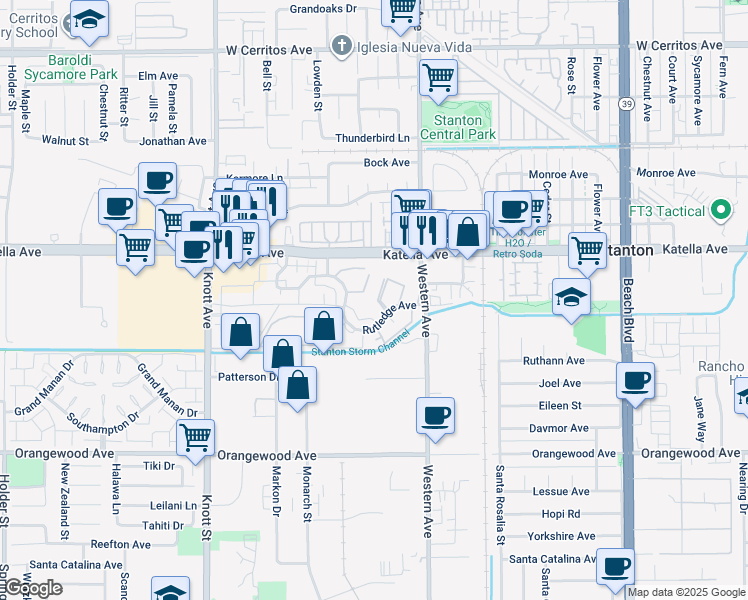 map of restaurants, bars, coffee shops, grocery stores, and more near 11077 Robinson Drive in Stanton