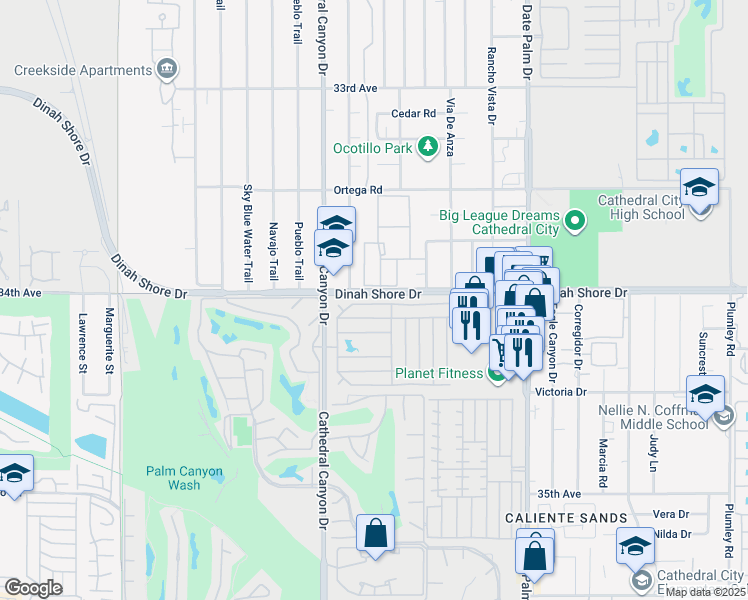 map of restaurants, bars, coffee shops, grocery stores, and more near 42 Coble Drive in Cathedral City