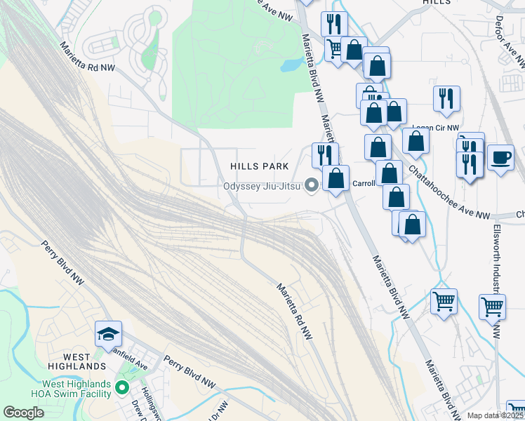 map of restaurants, bars, coffee shops, grocery stores, and more near 1685 Marietta Road Northwest in Atlanta