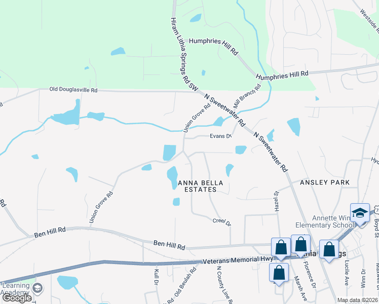 map of restaurants, bars, coffee shops, grocery stores, and more near 6326 Forest Drive in Lithia Springs