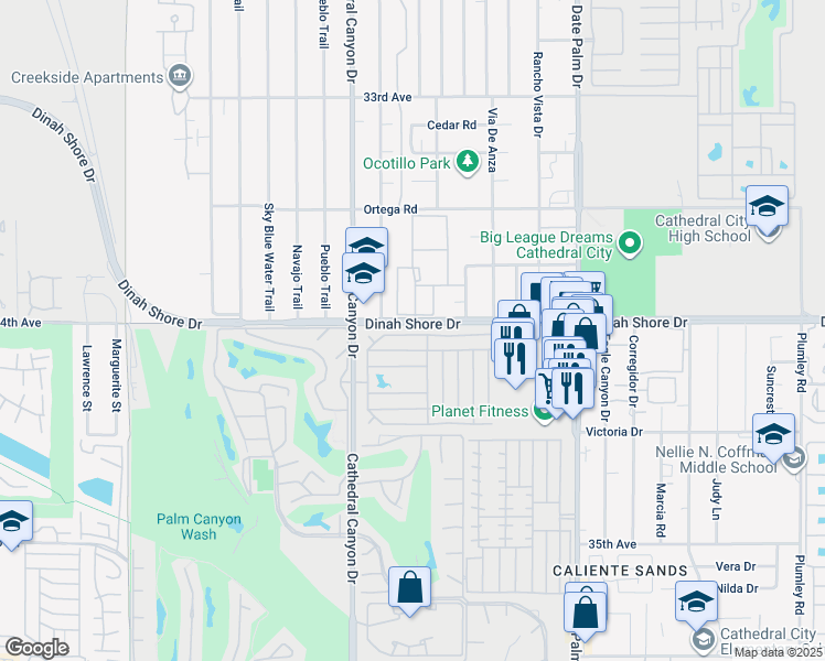 map of restaurants, bars, coffee shops, grocery stores, and more near 293 Coble Drive in Cathedral City