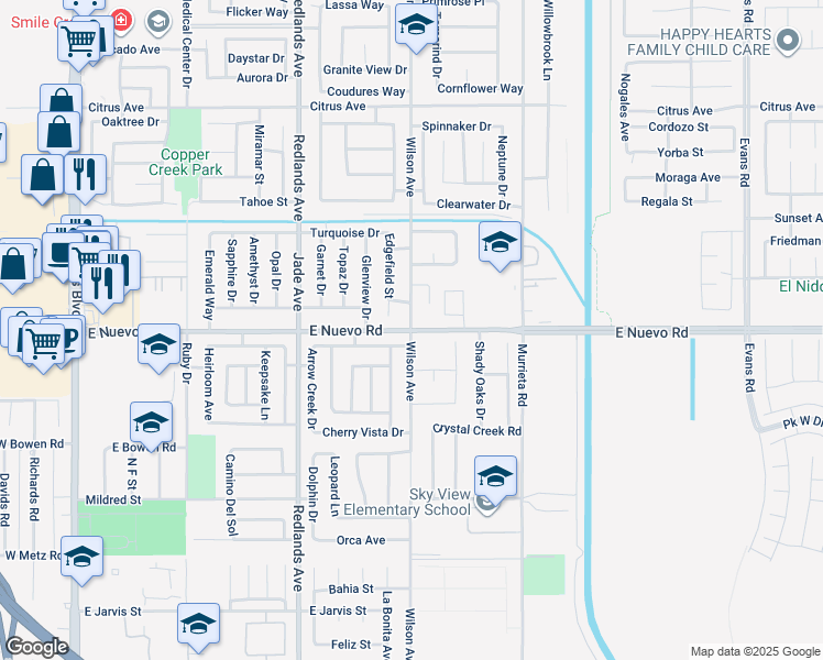 map of restaurants, bars, coffee shops, grocery stores, and more near E Nuevo Rd & Wilson Ave in Perris