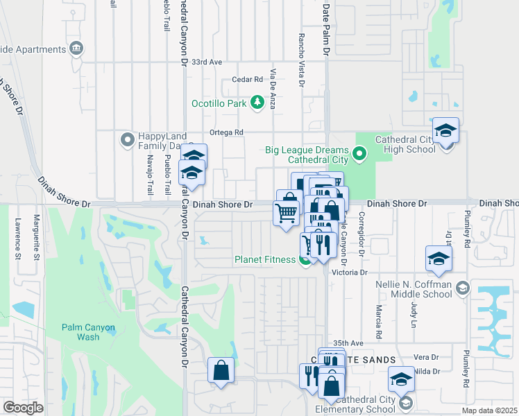 map of restaurants, bars, coffee shops, grocery stores, and more near 10 Coble Drive in Cathedral City
