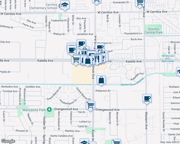 map of restaurants, bars, coffee shops, grocery stores, and more near in Stanton