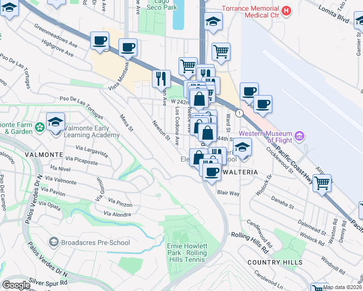 map of restaurants, bars, coffee shops, grocery stores, and more near 24422 Los Codona Avenue in Torrance