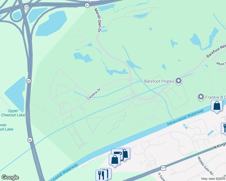 map of restaurants, bars, coffee shops, grocery stores, and more near 8 River Cross Road in North Myrtle Beach