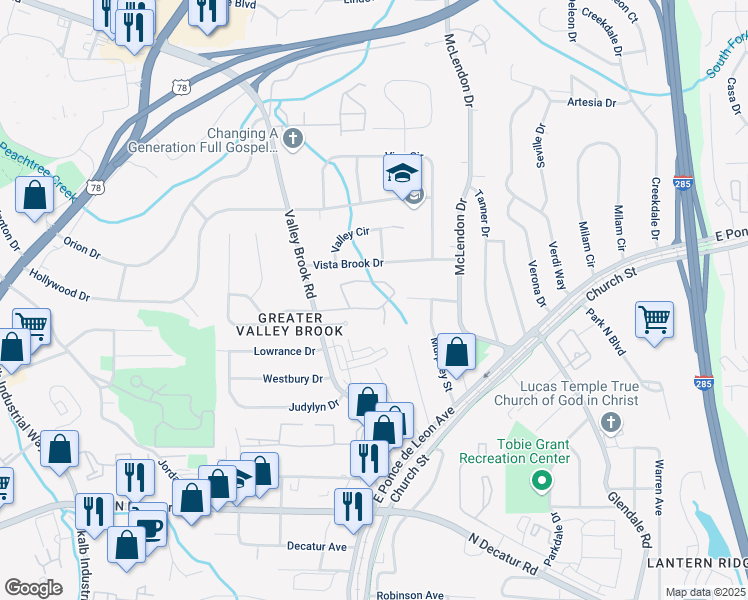 map of restaurants, bars, coffee shops, grocery stores, and more near 777 Valleybrook Crossing in Decatur